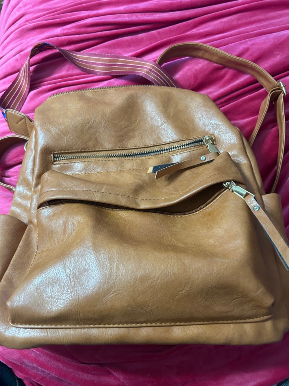 Source Unknown Tan Faux-Leather Backpack with Striped Strap